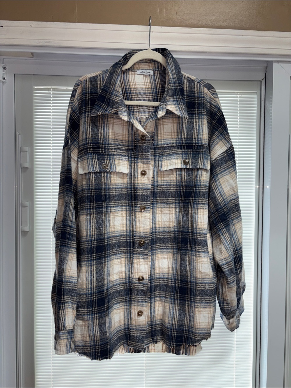 white birch Plaid Button-Down Shirt Jacket in Navy and Cream